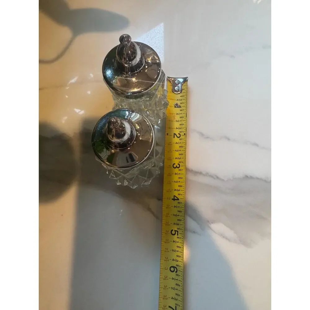 Vintage Indiana Glass Diamond Cut Salt Pepper Shakers with Silverplate Tops